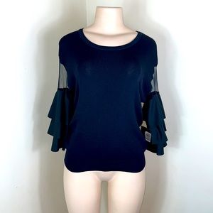 Cliche’ Black Scoop Neck Banded Waist Sheer Ruffle